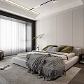 Modern Bedroom Interior With Green Gray Pillows Checkered Blanket Side Table Plant And Window Blinds