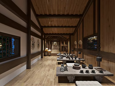 Chinese Style Teahouse Interior With Wooden Structure Long Tables And Tea Sets 3d model
