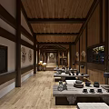 Chinese Style Teahouse Interior With Wooden Structure Long Tables And Tea Sets