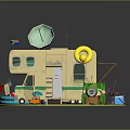 Colorful Camper Van Camping Scene With Satellite Dish Lifebuoy Deck Chair And Fishing Gear