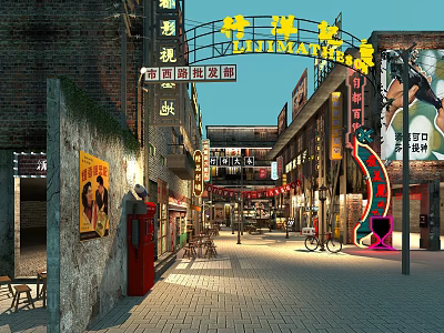 Traditional Commercial Street With Vintage Architecture Neon Signs And Storefronts 3d model