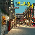 Traditional Commercial Street With Vintage Architecture Neon Signs And Storefronts