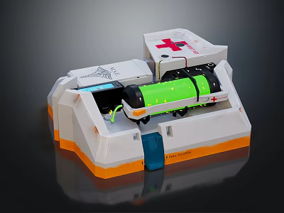 Medical Device with Green Cylindrical Component Red Cross Symbol and White Orange Base 3d model