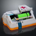 Medical Device with Green Cylindrical Component Red Cross Symbol and White Orange Base