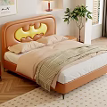 Modern Kids Bed Featuring Orange Batman Headboard Side Table Plants And Wall Decor