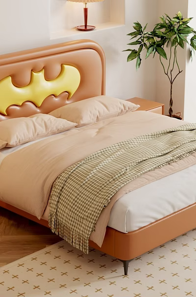 Modern Kids Bed Featuring Orange Batman Headboard Side Table Plants And Wall Decor 3d model
