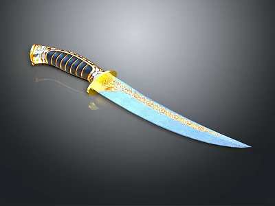 Decorative Knife With Golden Ornate Handle And Blue Blade Featuring Intricate Patterns On Black Background 3d model