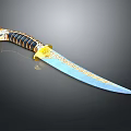 Decorative Knife With Golden Ornate Handle And Blue Blade Featuring Intricate Patterns On Black Background