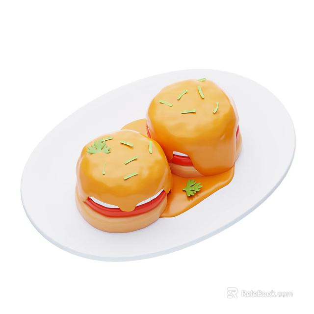 Mini Pastries On White Oval Plate With Orange Sauce Red Filling And Green Herbs Topping 3d model 