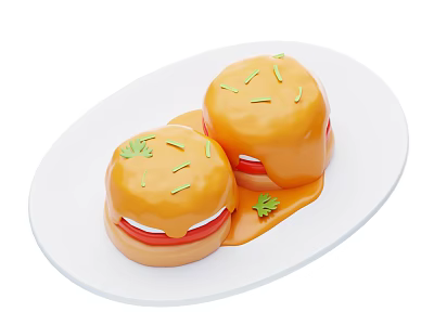 Mini Pastries On White Oval Plate With Orange Sauce Red Filling And Green Herbs Topping 3d model