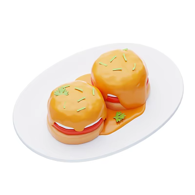 Mini Pastries On White Oval Plate With Orange Sauce Red Filling And Green Herbs Topping 3d model