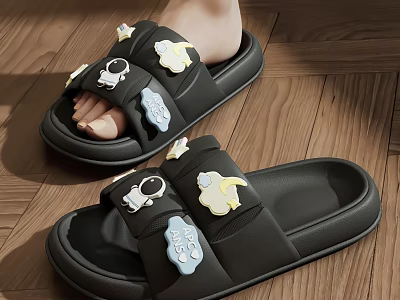 Black Comfortable Slippers With Cute Cartoon Patches And Soft Sole For Home 3d model