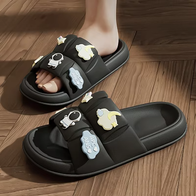 Black Comfortable Slippers With Cute Cartoon Patches And Soft Sole For Home 3d model Black Comfortable Slippers With Cute Cartoon Patches And Soft Sole For Home 3d model
