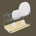 Sturdy Metal Dish Drying Rack With Stacked White Plates And Ceramic Cups On Yellow Tray