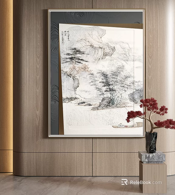 Landscape Painting on Wooden Wall with Mountains Trees Small Boat Black Vase and Red Flowers 3d model 