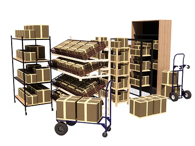 Sturdy Multi tiered Display Shelves With Storage Carts And Cardboard Boxes 3d model