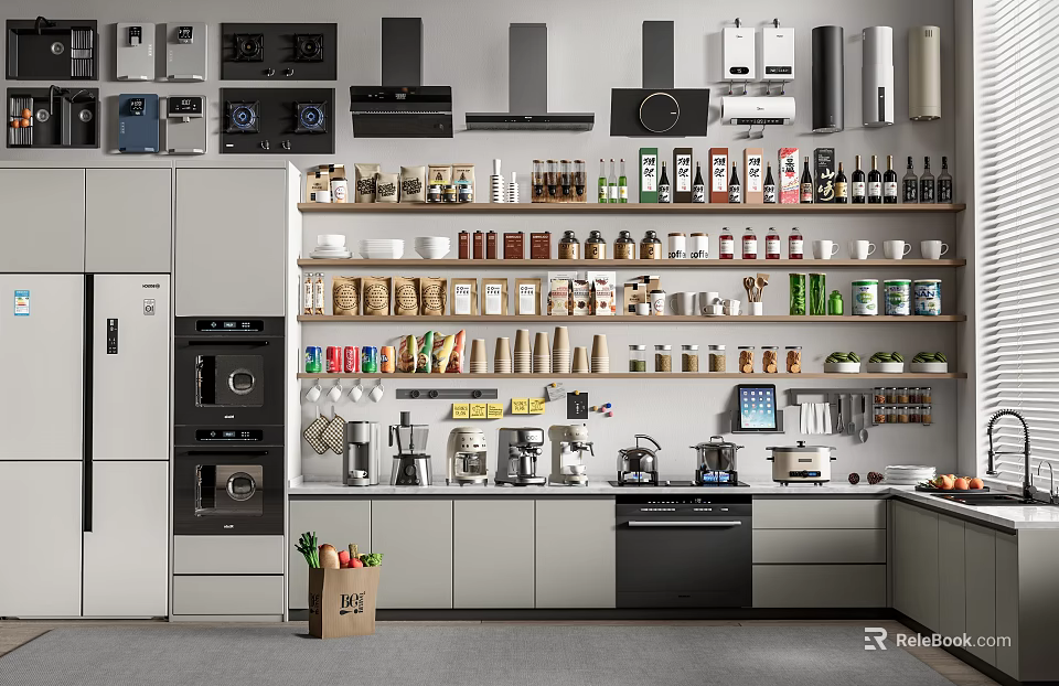 Modern Open Kitchen Interior With Island Counter And Essential Kitchen Appliances 3d model