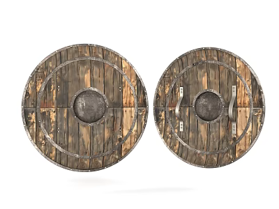 Vintage Medieval Wooden Shields As Historical Weapon With Metal Center And Textured Surface 3d model