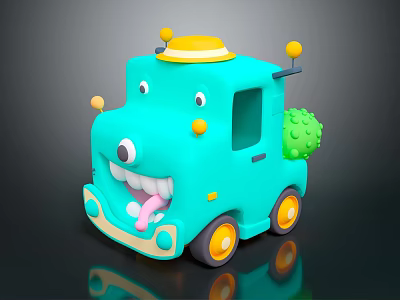 Electric Toy Car Teal Colored Cartoon Style With Yellow Top Green Back And Friendly Smiling Face 3d model