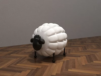 Sheep Shaped Stool With White Body And Black Legs Head On Herringbone Wooden Floor 3d model