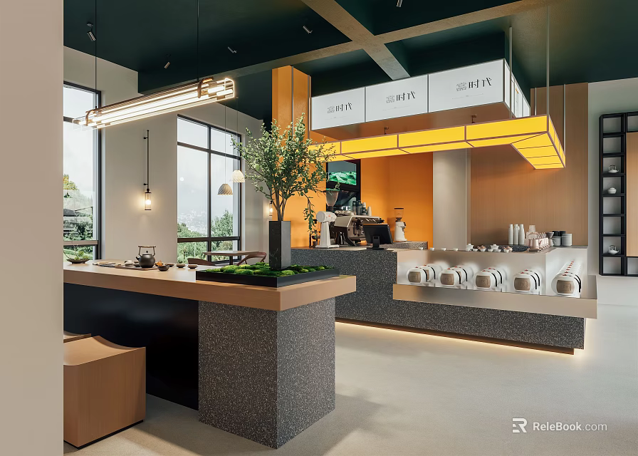 Modern Teahouse Interior With Minimalist Design Wooden Counter Hanging Lights And Potted Plant 3d model 