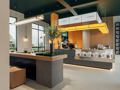 Modern Teahouse Interior With Minimalist Design Wooden Counter Hanging Lights And Potted Plant 3d model