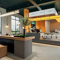 Modern Teahouse Interior With Minimalist Design Wooden Counter Hanging Lights And Potted Plant
