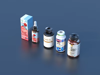 Assorted Daily Living Products With Vitamin Bottles Supplement Containers And Boxes On Blue Background 3d model