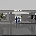 Modern Clothing Store Front Entrance With Glass Door And Gray Wall