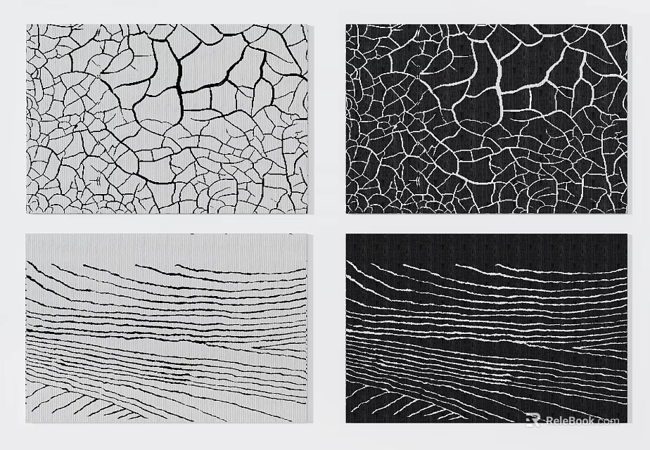 Square Rugs with Cracked and Striped Patterns in Black and White Designs 3d model 