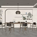 Modern Restaurant Interior With Dining Table Chairs Pendant Light And Decorative Shelves