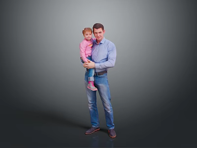 Happy Child in Pink Top Being Held by Father in Blue Shirt Against Gray Background 3d model