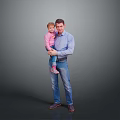 Happy Child in Pink Top Being Held by Father in Blue Shirt Against Gray Background