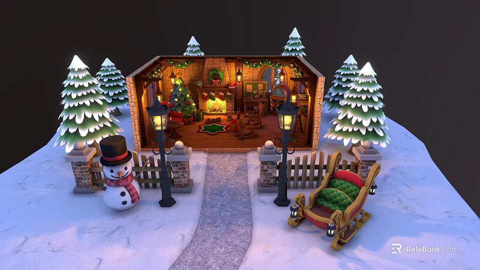 Cartoon Christmas Scene With Cozy Cottage Snowman Sleigh And Pine Trees 3d model 