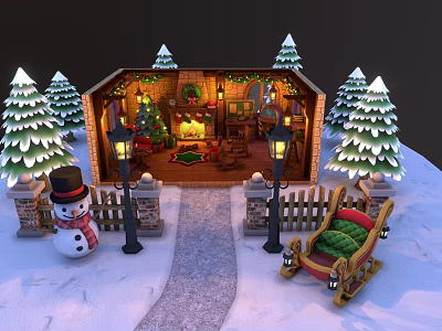 Cartoon Christmas Scene With Cozy Cottage Snowman Sleigh And Pine Trees 3d model