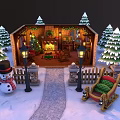 Cartoon Christmas Scene With Cozy Cottage Snowman Sleigh And Pine Trees