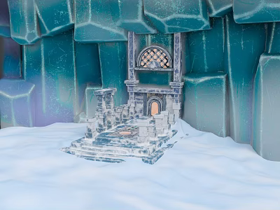 Snowy Scenic Landscape With Icy Blue Ice Walls Stone Steps And Arched Stone Entrance 3d model
