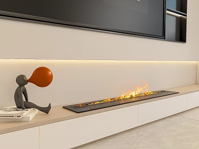 Modern Living Room Linear Fireplace With Burning Flames Orange Balloon Sculpture And LED Lighting 3d model