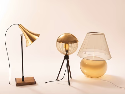 Modern Table Lamps With Curved Arm Wooden Base Cone Shade Tripod Stand And Spherical Design 3d model