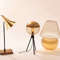 Modern Table Lamps With Curved Arm Wooden Base Cone Shade Tripod Stand And Spherical Design