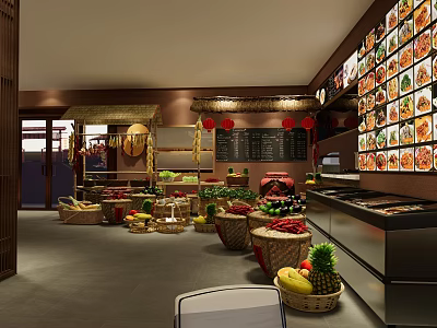 Modern Restaurant Open Kitchen Interior With Fresh Produce Display And Counter 3d model