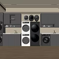 Modern Laundry Room With Multiple Washing Machines Dryers And Gray Cabinets