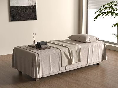 Modern Massage Bed Interior With Linen Sheet Pillow Towel And Aromatherapy Items 3d model
