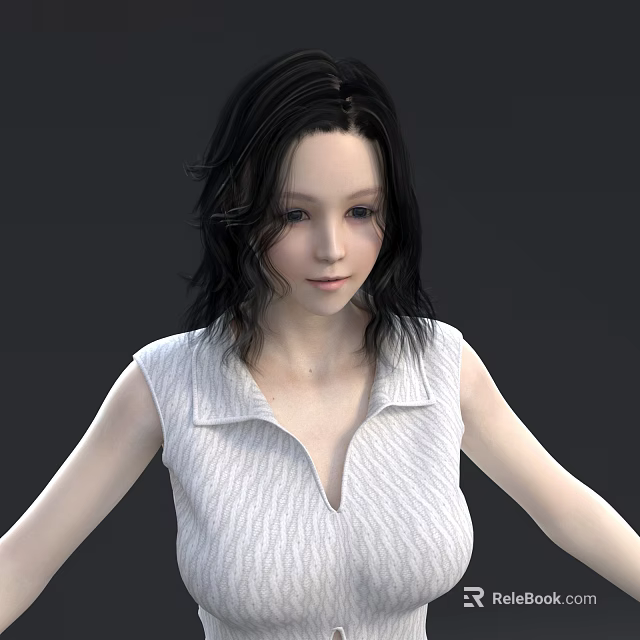 Woman With Black Short Hair Wearing White Sleeveless Shirt Against Dark Background 3d model 