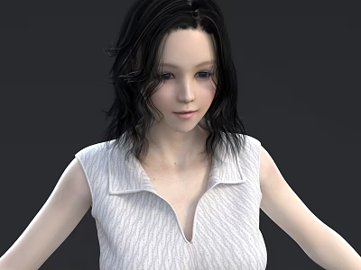Woman With Black Short Hair Wearing White Sleeveless Shirt Against Dark Background 3d model