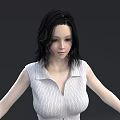 Woman With Black Short Hair Wearing White Sleeveless Shirt Against Dark Background