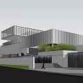 Modern Sales Office Building With Glass Curtain Wall Waterfall Stone Steps And Landscaped Greenery