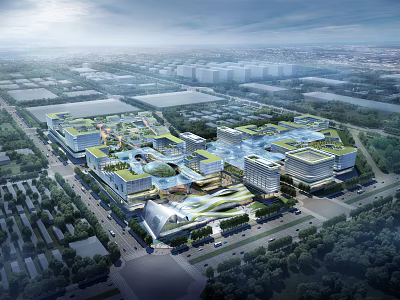 Modern Urban Campus Aerial View Planning With Green Roofs And Integrated Buildings 3d model