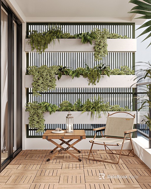 Modern Home Balcony Interior With Hanging Plants Slatted Screen Wooden Table And Rattan Chair 3d model 