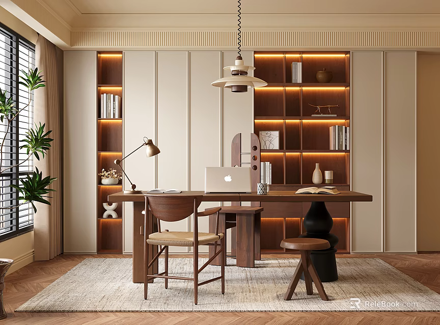 Modern Study Room With Wooden Desk Bookshelves Comfortable Chair Pendant Lamp And Green Plant 3d model 